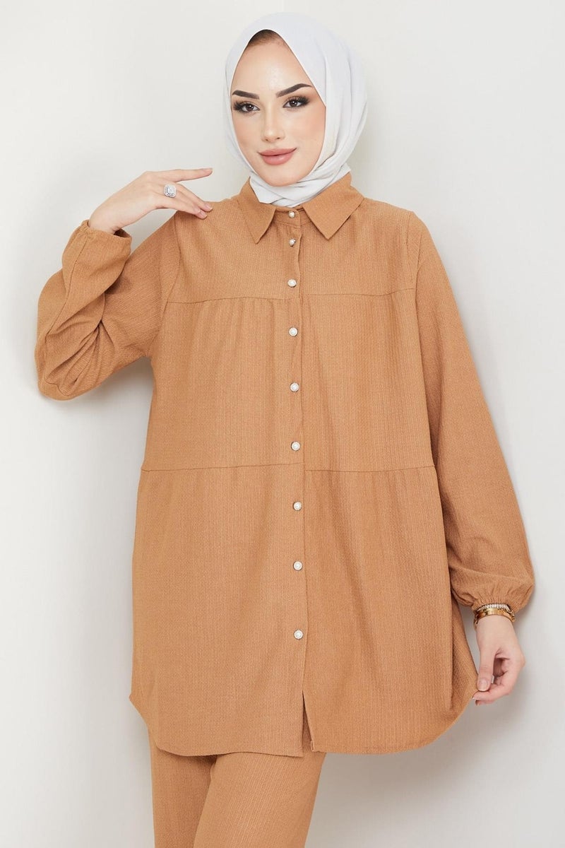 Hafsa Mina Kat Shirted Bürümcük Two Piece Set Camel - Image 2