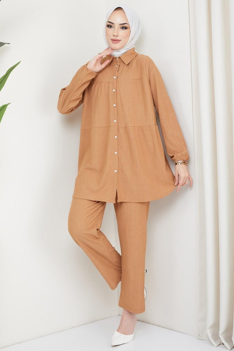 Hafsa Mina Kat Shirted Bürümcük Two Piece Set Camel - Image 3