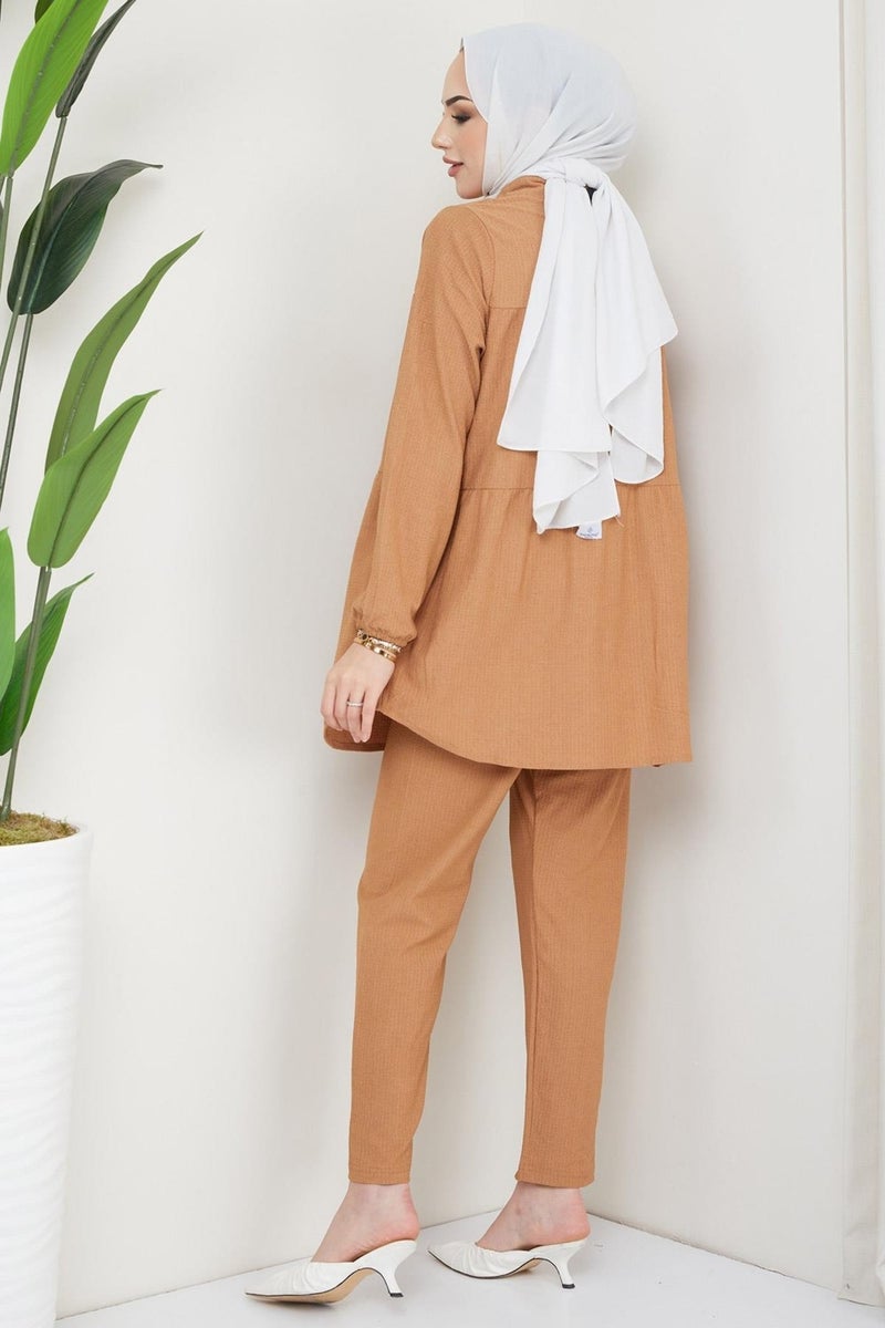 Hafsa Mina Kat Shirted Bürümcük Two Piece Set Camel - Image 4