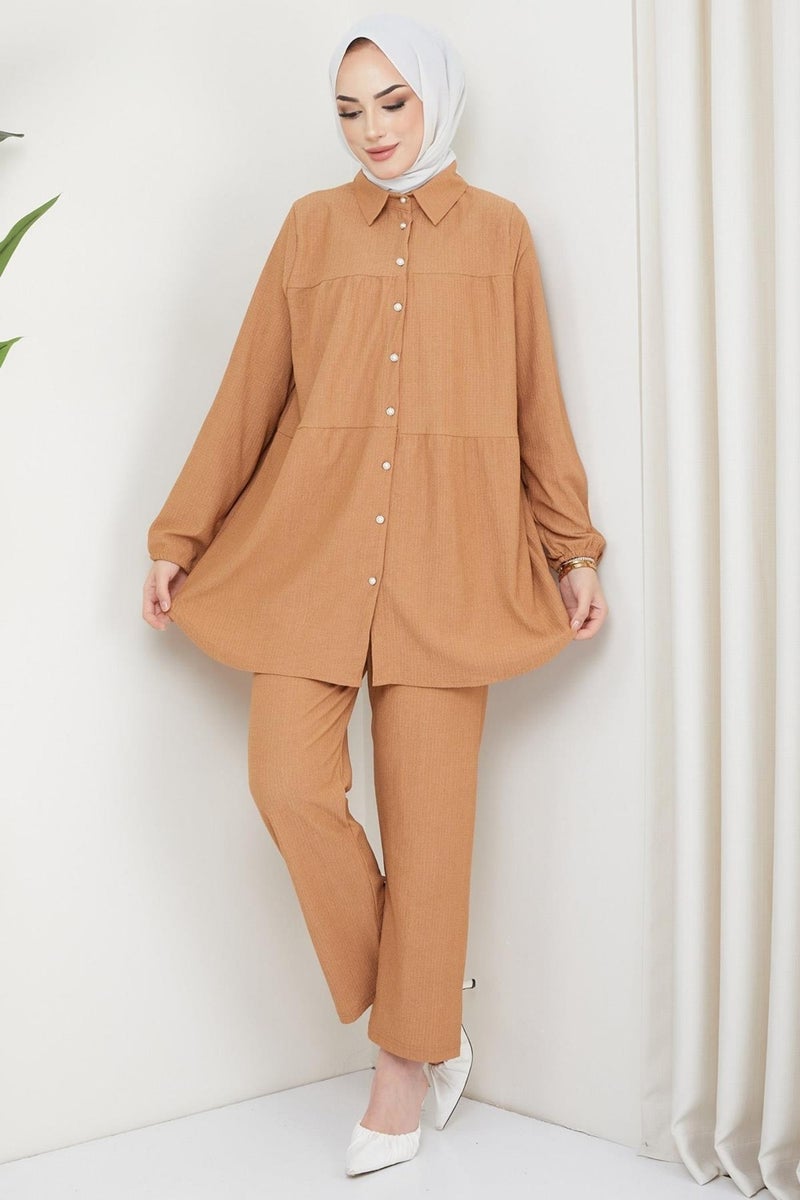 Hafsa Mina Kat Shirted Bürümcük Two Piece Set Camel - Image 5