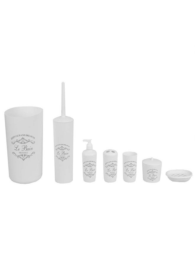Home Basics 7-Piece Paris Bathroom Set (White), By Home Basics | Made From Plastic | Includes Tumbler, Toothbrush Holder, Soap Dish, Lotion Dispenser, Cotton Ball Holder, Toilet Brush Holder, and Wastebasket - Image 1