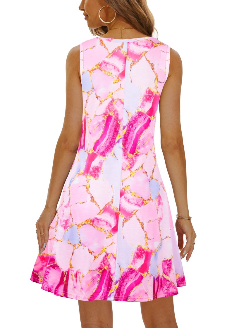Moskill Summer Dresses for Women 2026 Casual Sundresses Beach Cover Ups Sleeveless Tshirt Swing Dress with Pockets Small Pink Stitching - Image 4