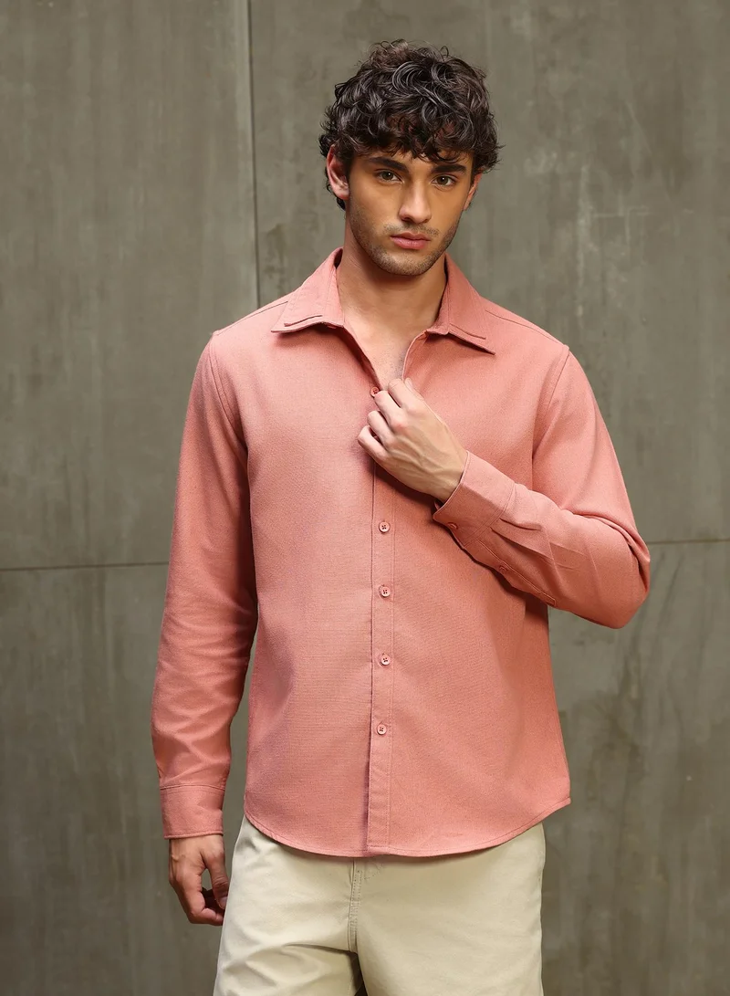 CAHOOT Men's Pink Plain/Basic Regular Shirt For Casual Wear | Collared Neck | Long Sleeve | Button Closure | Cotton Blend Shirt Crafted With Comfort Fit For Everyday Wear