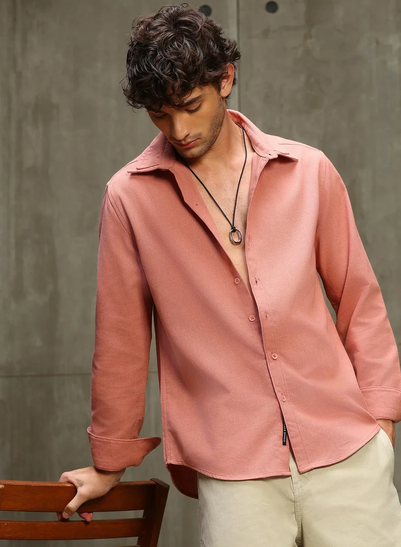 CAHOOT Men's Pink Plain/Basic Regular Shirt For Casual Wear | Collared Neck | Long Sleeve | Button Closure | Cotton Blend Shirt Crafted With Comfort Fit For Everyday Wear
