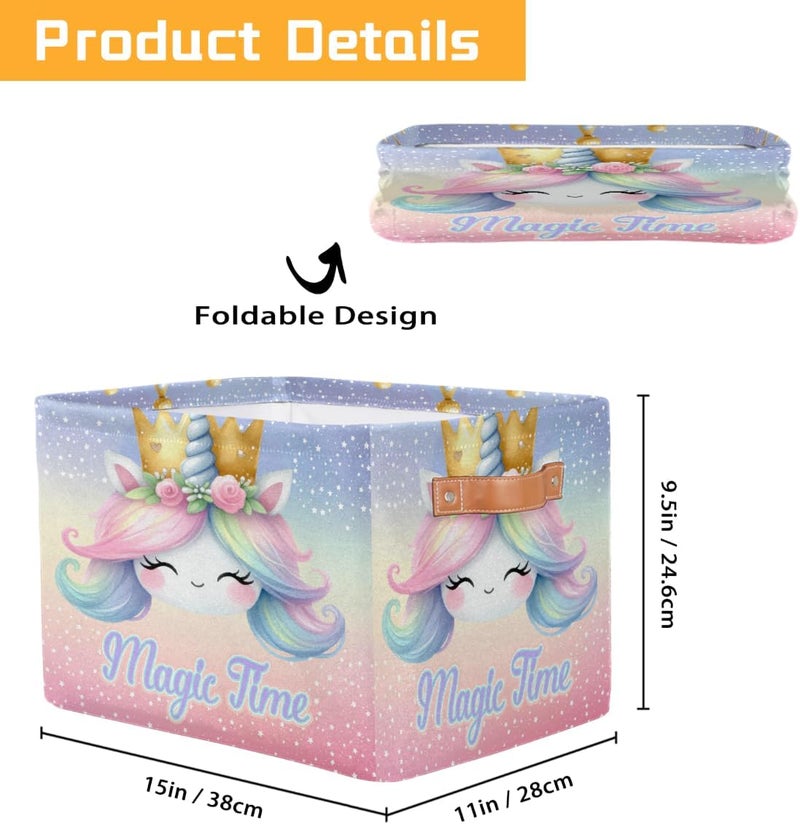 Small Storage Basket Foldable Animal Rainbow Unicorn Cube Organizer Bin with Handles Kids Toy Organizer Box Collapsible Fabric Hamper for Nursery Living Room Bedroom Decort Gifts - Image 2