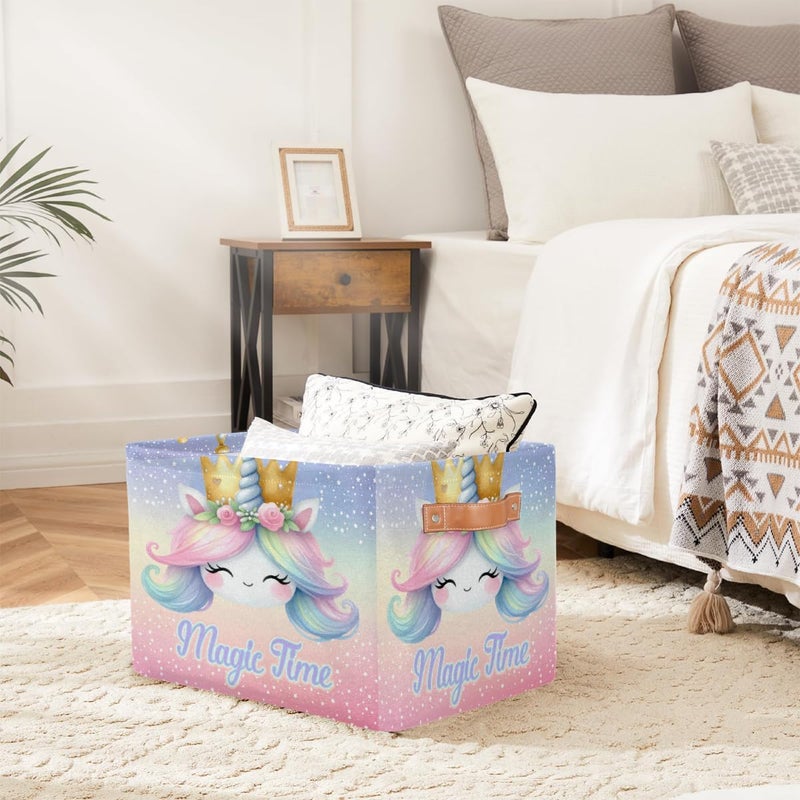 Small Storage Basket Foldable Animal Rainbow Unicorn Cube Organizer Bin with Handles Kids Toy Organizer Box Collapsible Fabric Hamper for Nursery Living Room Bedroom Decort Gifts - Image 4