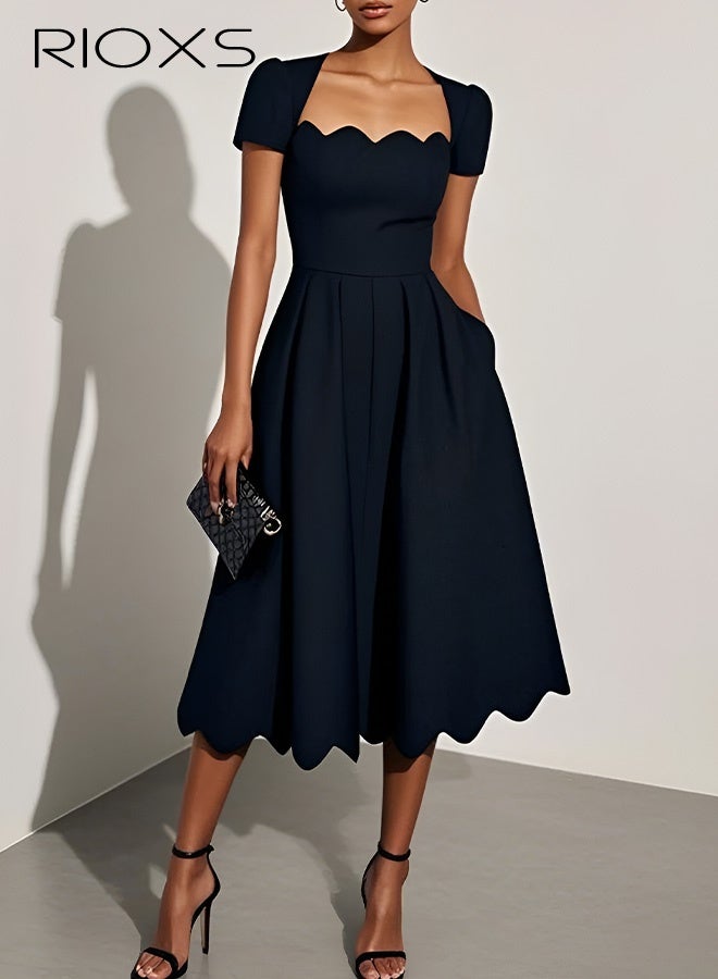 RIOXS Women's A-line Dress, Square Neck Short Sleeve Dresses, Fashion Women's Casual Dress, Summer Dresses With Pockets, Ladies Midi Dress, Versatile Party Dresses, Dating Dress, Daily Casual Dress, Formal Dress, Work Dress Vacation Dress  - Image 4