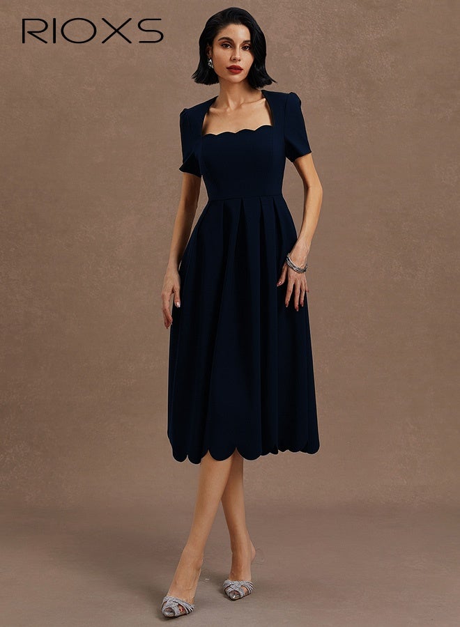 RIOXS Women's A-line Dress, Square Neck Short Sleeve Dresses, Fashion Women's Casual Dress, Summer Dresses With Pockets, Ladies Midi Dress, Versatile Party Dresses, Dating Dress, Daily Casual Dress, Formal Dress, Work Dress Vacation Dress  - Image 5