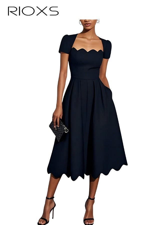RIOXS Women's Square Neck A-line Dress, Summer Short Sleeve Midi Dresses with Pockets and Zipper, Fashion Ladies' Scalloped Edge Casual Dress, Versatile Dresses for Party, Dating, Daily Casual Wearing, Formal Occasion, Working and Vacation - Image 1