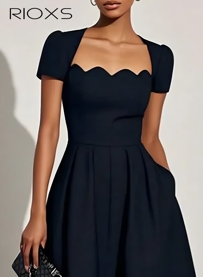 RIOXS Women's Square Neck A-line Dress, Summer Short Sleeve Midi Dresses with Pockets and Zipper, Fashion Ladies' Scalloped Edge Casual Dress, Versatile Dresses for Party, Dating, Daily Casual Wearing, Formal Occasion, Working and Vacation - Image 2
