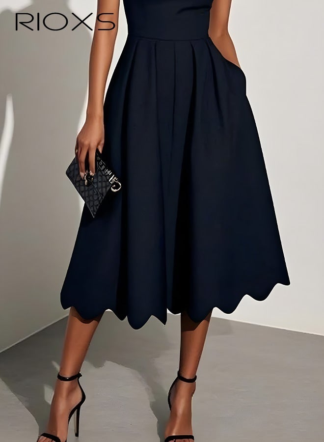 RIOXS Women's Square Neck A-line Dress, Summer Short Sleeve Midi Dresses with Pockets and Zipper, Fashion Ladies' Scalloped Edge Casual Dress, Versatile Dresses for Party, Dating, Daily Casual Wearing, Formal Occasion, Working and Vacation - Image 4