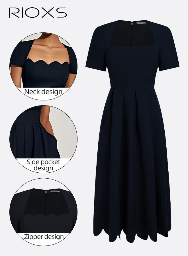 RIOXS Women's Square Neck A-line Dress, Summer Short Sleeve Midi Dresses with Pockets and Zipper, Fashion Ladies' Scalloped Edge Casual Dress, Versatile Dresses for Party, Dating, Daily Casual Wearing, Formal Occasion, Working and Vacation - Image 3