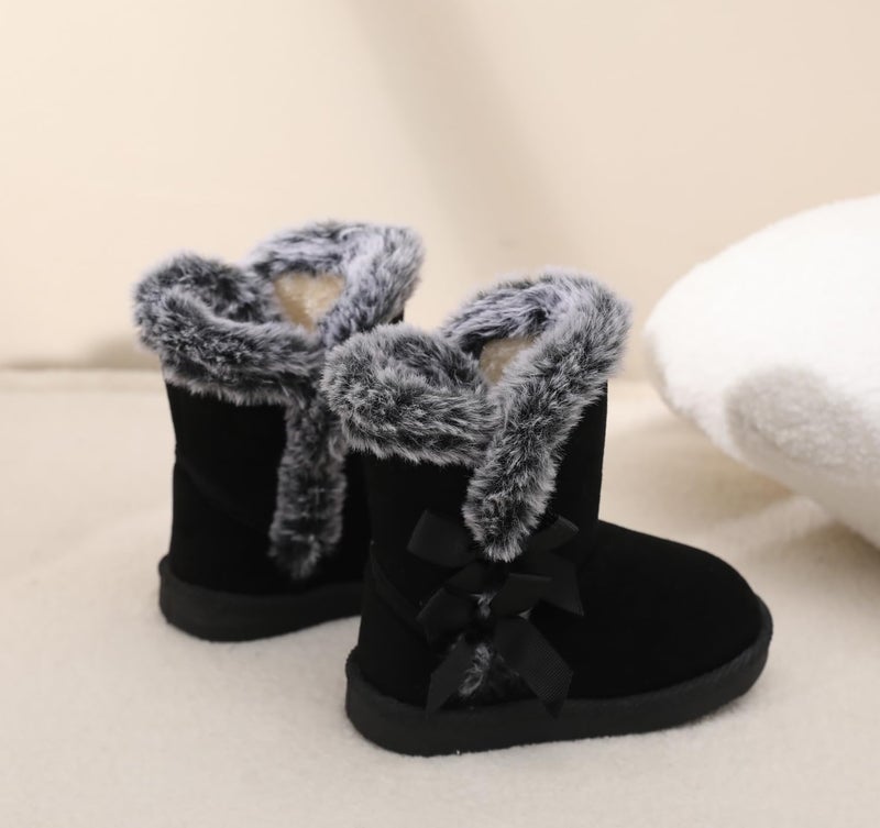 LONSOEN Kids Winter Snow Boots Bows Lightweight Warm Faux Fur Lined Toddler Baby Booties Girls Winter Footwear Shoes Size 4 Toddler, Black 038 - Image 3
