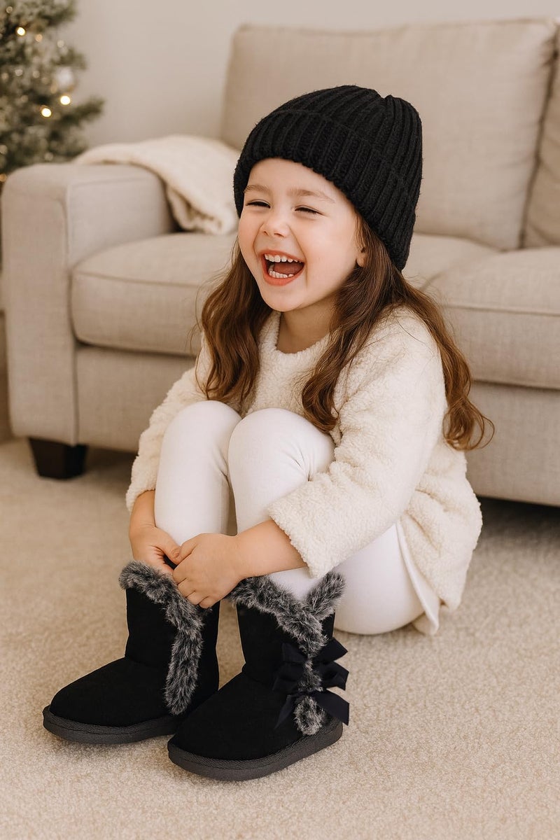 LONSOEN Kids Winter Snow Boots Bows Lightweight Warm Faux Fur Lined Toddler Baby Booties Girls Winter Footwear Shoes Size 4 Toddler, Black 038 - Image 2