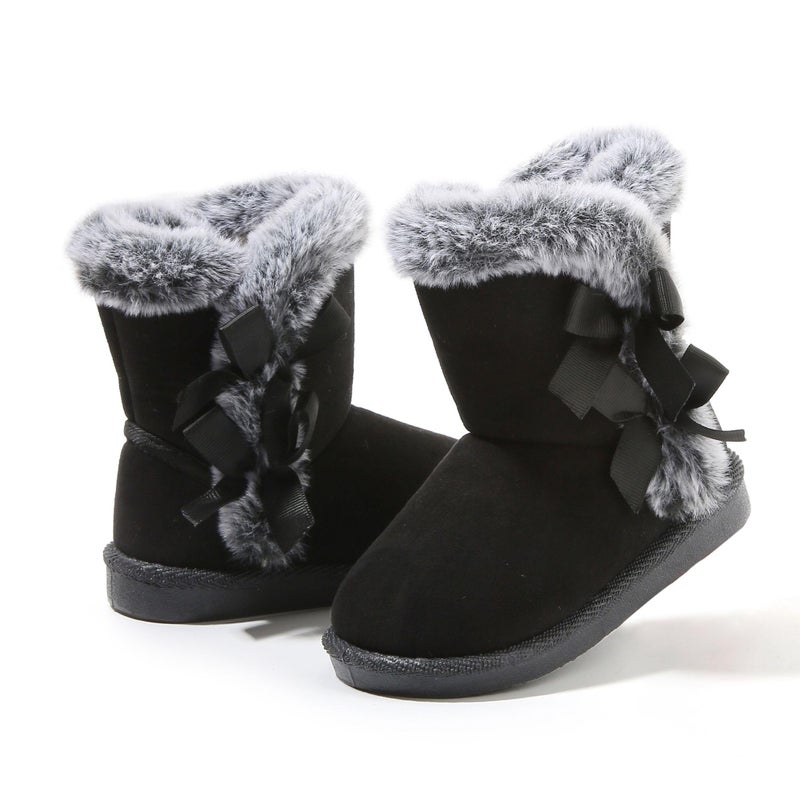 LONSOEN Kids Winter Snow Boots Bows Lightweight Warm Faux Fur Lined Toddler Baby Booties Girls Winter Footwear Shoes Size 4 Toddler, Black 038 - Image 1