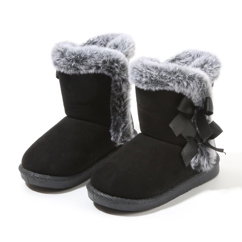 LONSOEN Kids Winter Snow Boots Bows Lightweight Warm Faux Fur Lined Toddler Baby Booties Girls Winter Footwear Shoes Size 4 Toddler, Black 038 - Image 4