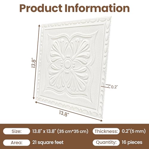 Dureidos Ceiling Tiles Ceiling Tiles Peel and Stick Foam 16 Pcs Covered 21 SqFt 3D Wall Panels Peel and Stick Easy to Use and Cut for Ceiling and Interior Wall Decor Plain White138 x 138 inch - Image 3