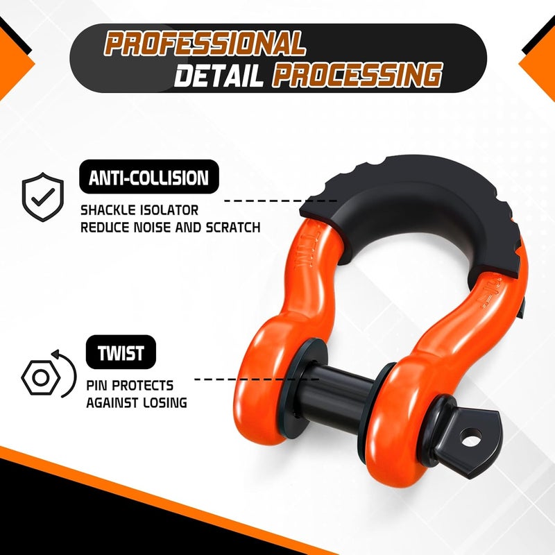 ORCISH 2PK D Ring Shackle, 42,000lb Break Strength, D Ring Shackles 3/4 inch with Black Isolator Washer and 7/8" Screw Pin, Tow Shackles, Soft Shackle Kit for Off-Road Jeep Truck Vehicle Recovery - Image 2