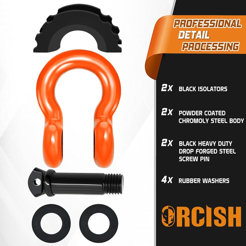 ORCISH 2PK D Ring Shackle, 42,000lb Break Strength, D Ring Shackles 3/4 inch with Black Isolator Washer and 7/8" Screw Pin, Tow Shackles, Soft Shackle Kit for Off-Road Jeep Truck Vehicle Recovery - Image 3