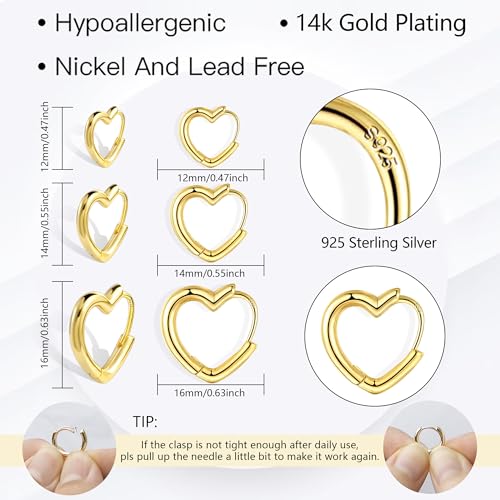 ALEXCRAFT 14K Gold Plated Heart Hoop Earrings for Women Trendy 3 Pairs Small Gold Huggie Earring Set ALEXCRAFT Minimalist Hypoallergenic Hearts Shaped Thick Big Chunky Hoops Earing Jewelry - Image 3