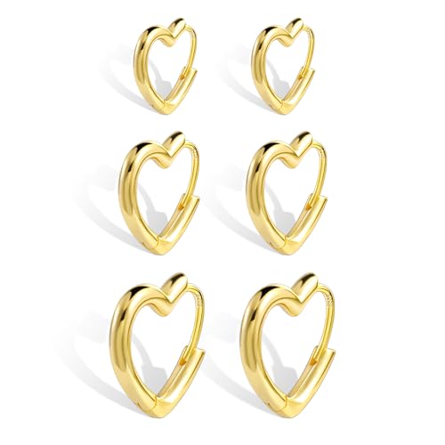 ALEXCRAFT 14K Gold Plated Heart Hoop Earrings for Women Trendy 3 Pairs Small Gold Huggie Earring Set ALEXCRAFT Minimalist Hypoallergenic Hearts Shaped Thick Big Chunky Hoops Earing Jewelry - Image 2