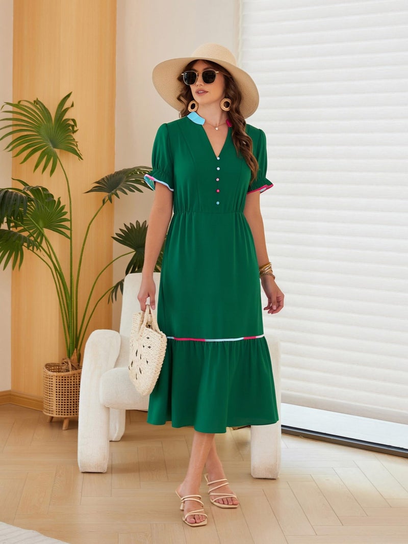 ECOWISH Womens Summer Dresses 2026 Casual Puff Short Sleeve V Neck Floral Boho Tiered Ruffle Maxi Dress with Pockets Dark Green Large - Image 2