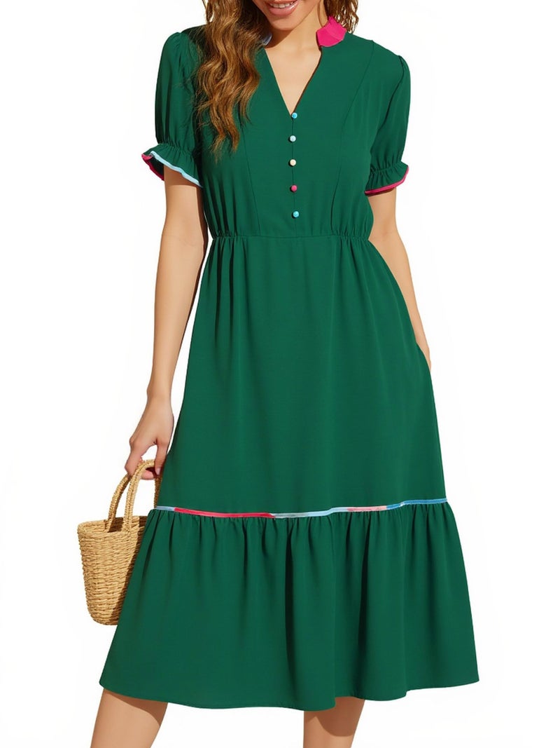 ECOWISH Womens Summer Dresses 2026 Casual Puff Short Sleeve V Neck Floral Boho Tiered Ruffle Maxi Dress with Pockets Dark Green Large - Image 1