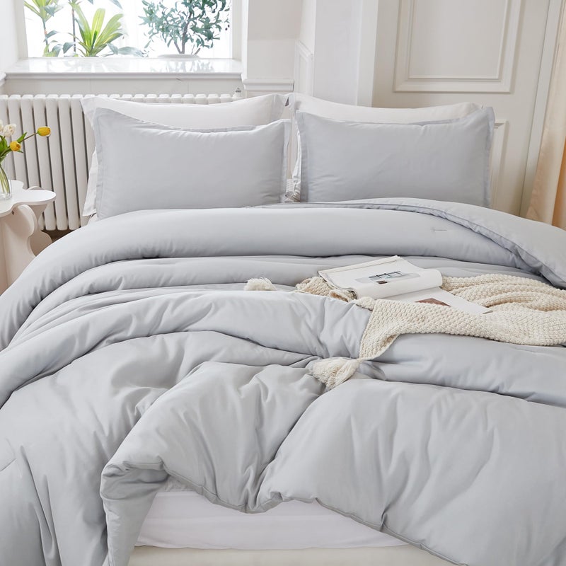 Litanika Litanika Light Grey Comforter King Size  3 Pieces Lightweight Solid Bedding Comforter Set  All Season Fluffy Bed Set (104x90In Comforter & 2 Pillowcases)  - Image 1