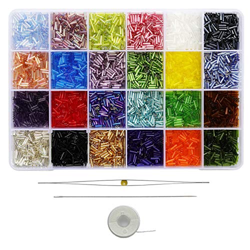 BALABEAD Size 6mm Glass Bugle Beads with Beading Needles About 7200pcs in Box,24 Multicolor Assortment Length 6mm Tube Beads for Jewelry Making (300pcs/Color, 24 Colors) - Image 1