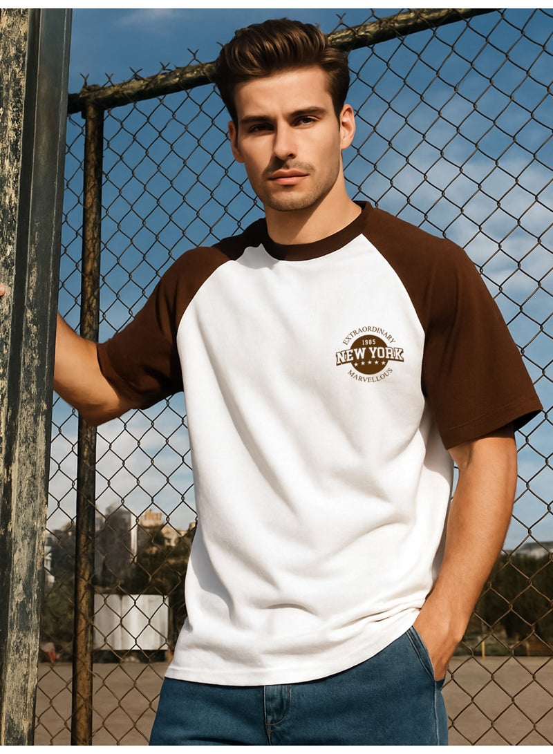 Maniac Mens Printed NewYork Round Neck Half Sleeve White and Brown Tshirt - Image 1
