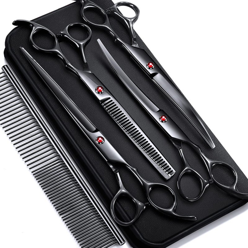 Gimars 7.0in Stainless Steel 6 in 1 Professional Dog Grooming Scissors Kit, Heavy 4CR Titanium Coated Straight & Thinning & Curved Shears & Comb Set for Dog & Cat Grooming - Image 1