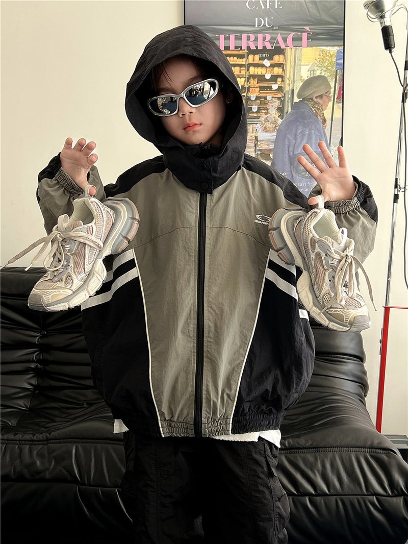 2026 Spring Children'S Jacket Bajia Retro Trendy Color-Block Embroidered Hooded Jacket For Boys And Girls Outdoor Wear - Image 3