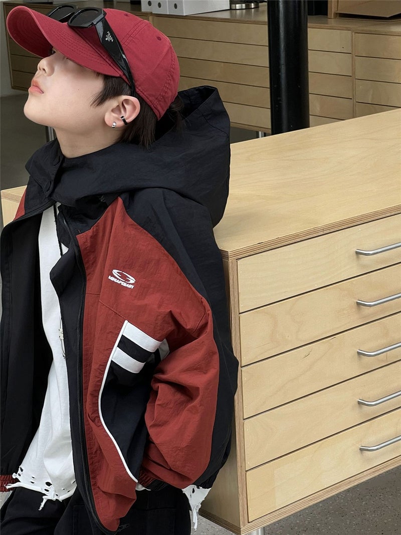 2026 Spring Children'S Jacket Bajia Retro Trendy Color-Block Embroidered Hooded Jacket For Boys And Girls Outdoor Wear - Image 1