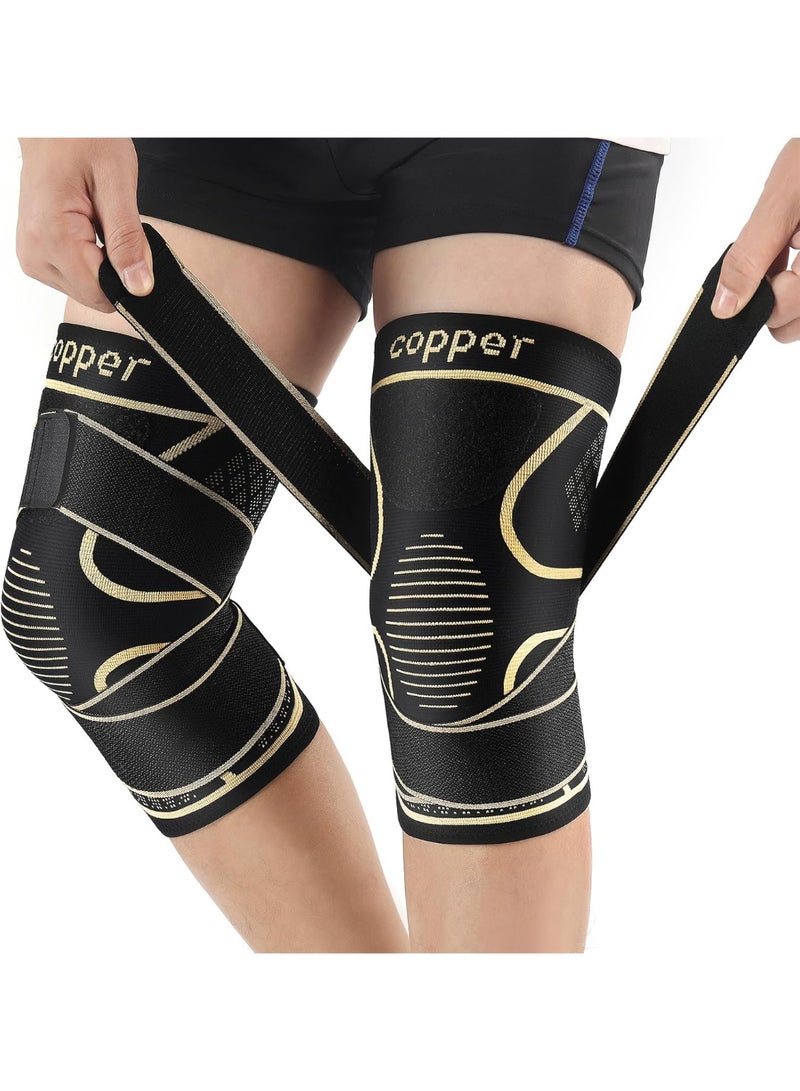 Copper Knee Braces with Strap for Knee Pain Women and Men(2 Pack), Knee Compression Sleeve for Arthritis, ACL, Meniscus Tear, Joint Pain Relief, Knee Support for Working, Running, Weightlifting(M) - Image 1