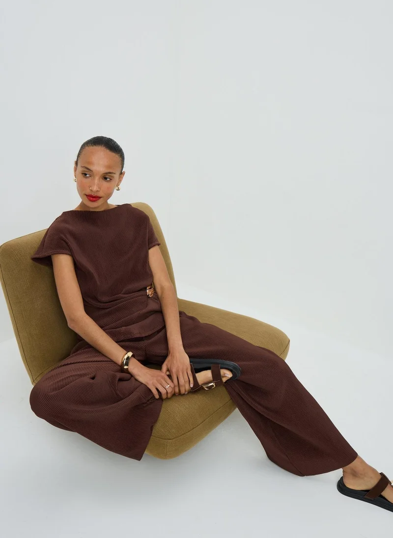 Matalan Chocolate Brown Plisse Wide Leg Co Ord Trousers