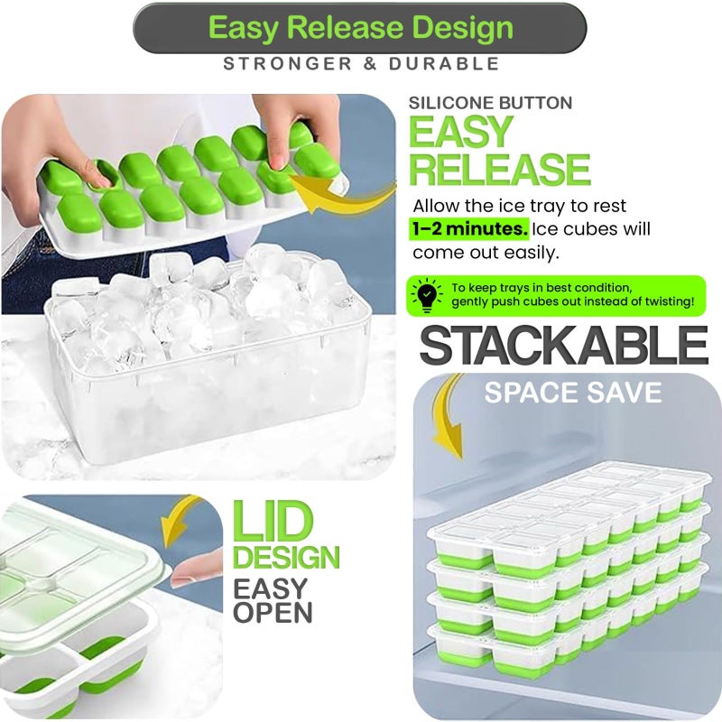 Cozy Kitchen Essentials 56pcs Ice Cube Tray with Lid and Bin â€“ Stackable 4 Trays Silicone Plastic Freezer Mold, Large Ice Bucket with Scoop, Tong & 2 SS Straws â€“ Easy Release Ice Maker for Cocktail, Coffee, RV, Whiskey - Image 3