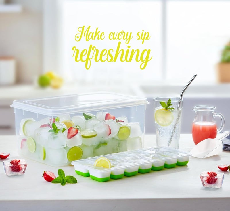Cozy Kitchen Essentials 56pcs Ice Cube Tray with Lid and Bin â€“ Stackable 4 Trays Silicone Plastic Freezer Mold, Large Ice Bucket with Scoop, Tong & 2 SS Straws â€“ Easy Release Ice Maker for Cocktail, Coffee, RV, Whiskey - Image 4