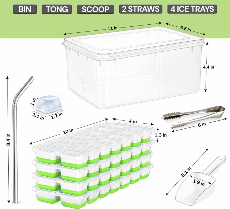 Cozy Kitchen Essentials 56pcs Ice Cube Tray with Lid and Bin â€“ Stackable 4 Trays Silicone Plastic Freezer Mold, Large Ice Bucket with Scoop, Tong & 2 SS Straws â€“ Easy Release Ice Maker for Cocktail, Coffee, RV, Whiskey - Image 2
