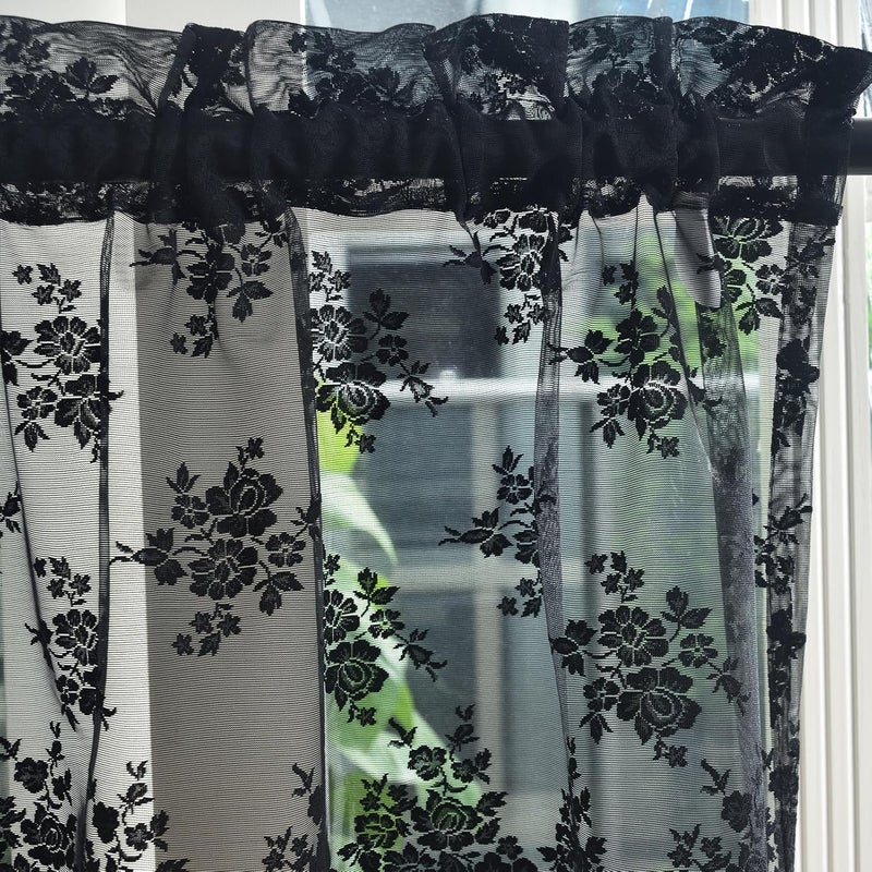 Kotile Black Lace Valance Curtain for Windows, Gothic Black Sheer Valance for Halloween, Light Filtering Rod Pocket Vintage Window Short Curtain, 52 x 18 Inch, 1 Panel - Image 3