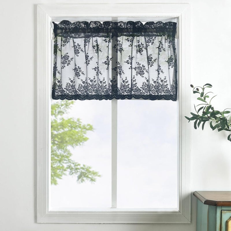 Kotile Black Lace Valance Curtain for Windows, Gothic Black Sheer Valance for Halloween, Light Filtering Rod Pocket Vintage Window Short Curtain, 52 x 18 Inch, 1 Panel - Image 1