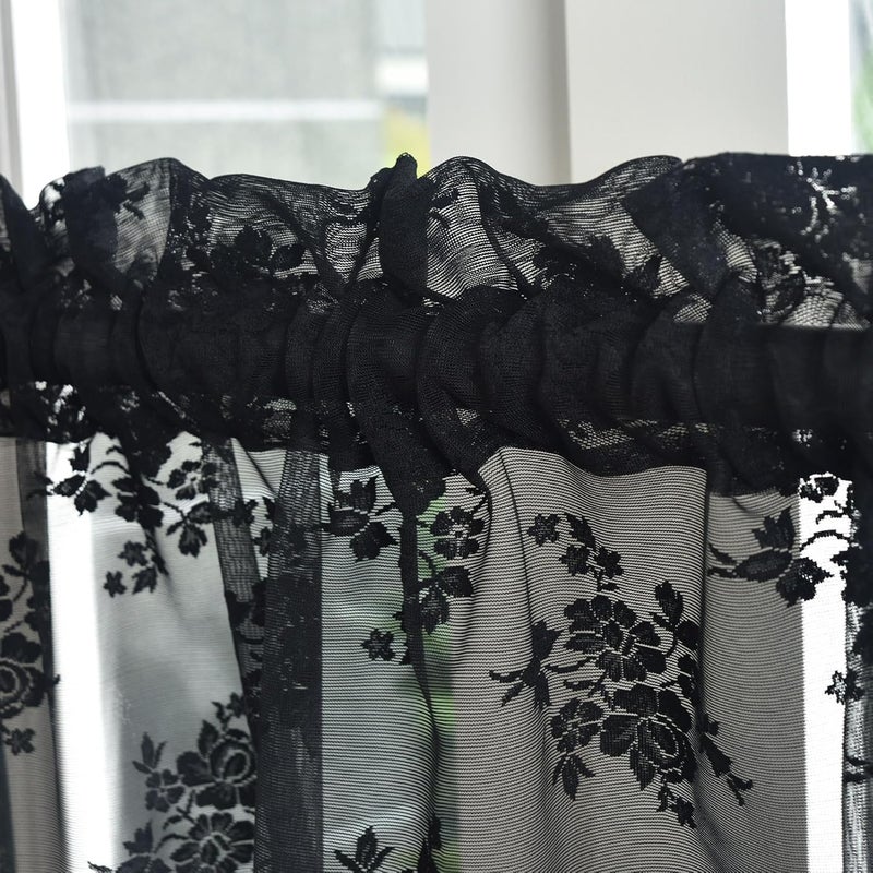 Kotile Black Lace Valance Curtain for Windows, Gothic Black Sheer Valance for Halloween, Light Filtering Rod Pocket Vintage Window Short Curtain, 52 x 18 Inch, 1 Panel - Image 5