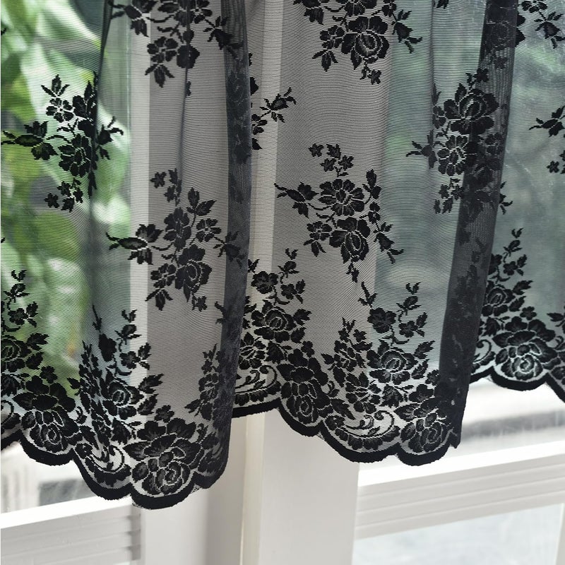 Kotile Black Lace Valance Curtain for Windows, Gothic Black Sheer Valance for Halloween, Light Filtering Rod Pocket Vintage Window Short Curtain, 52 x 18 Inch, 1 Panel - Image 4