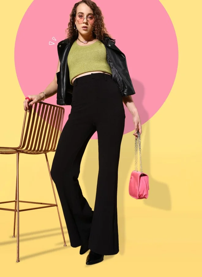 SASSAFRAS Black High-Rise Bootcut Trousers for Women