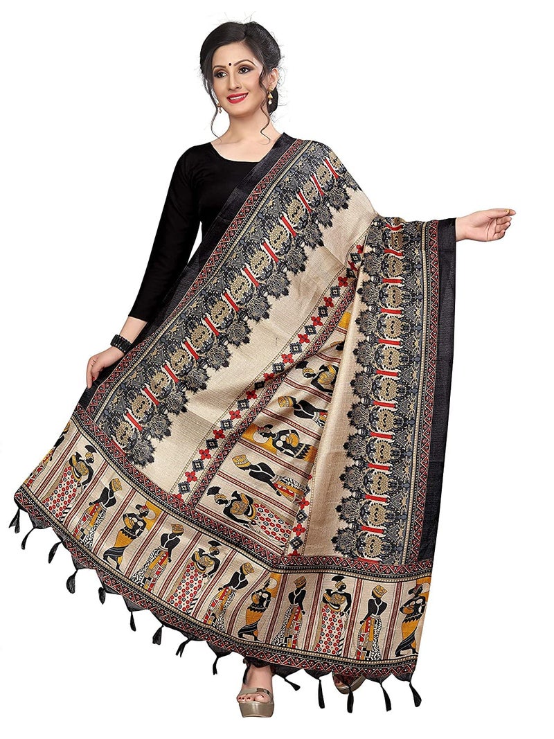 KEMZA Women's Madhubani Printed Cotton Silk Dupatta (Black_Free size) - Image 2