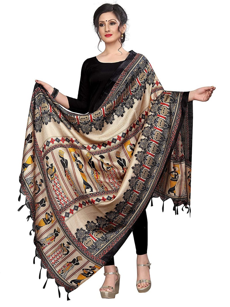 KEMZA Women's Madhubani Printed Cotton Silk Dupatta (Black_Free size) - Image 5