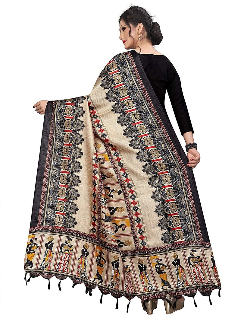 KEMZA Women's Madhubani Printed Cotton Silk Dupatta (Black_Free size) - Image 3
