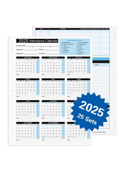 تقويم حضور 2025 - بطاقات تقويم حضور - 8.5 × 11 ورقة / عبوة من 25 ورقة