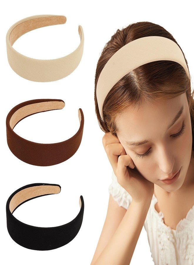 CURASA Headbands For Women Girls 3PCS Non Slip Satin Headbands Trendy Black White Head Bands Brown Neutral Hair Elastics Comfortable Wide Head Bands Stretchy Hairbands Plain Solid Hair Accessories - Image 1