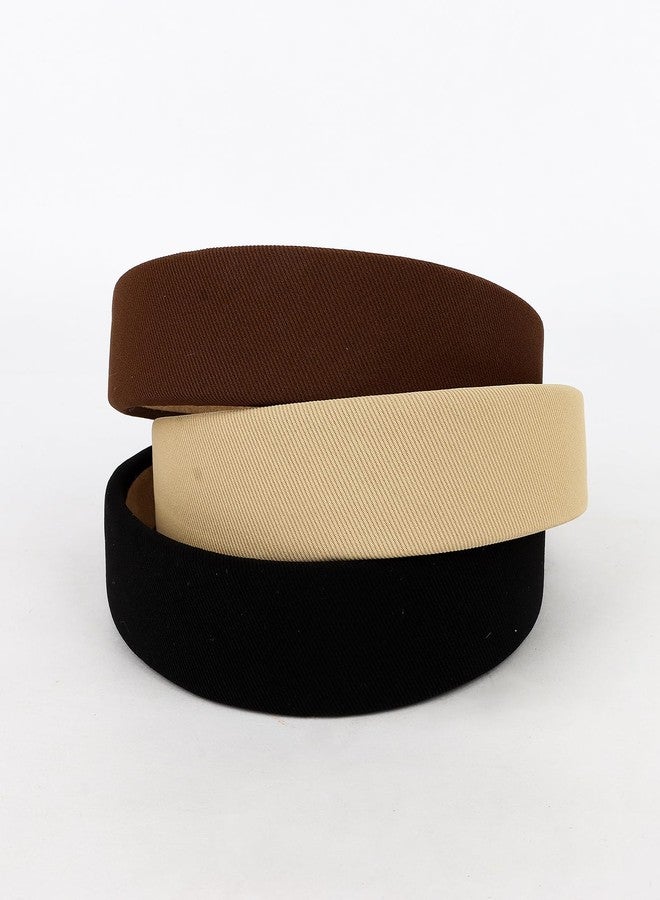 CURASA Headbands For Women Girls 3PCS Non Slip Satin Headbands Trendy Black White Head Bands Brown Neutral Hair Elastics Comfortable Wide Head Bands Stretchy Hairbands Plain Solid Hair Accessories - Image 3