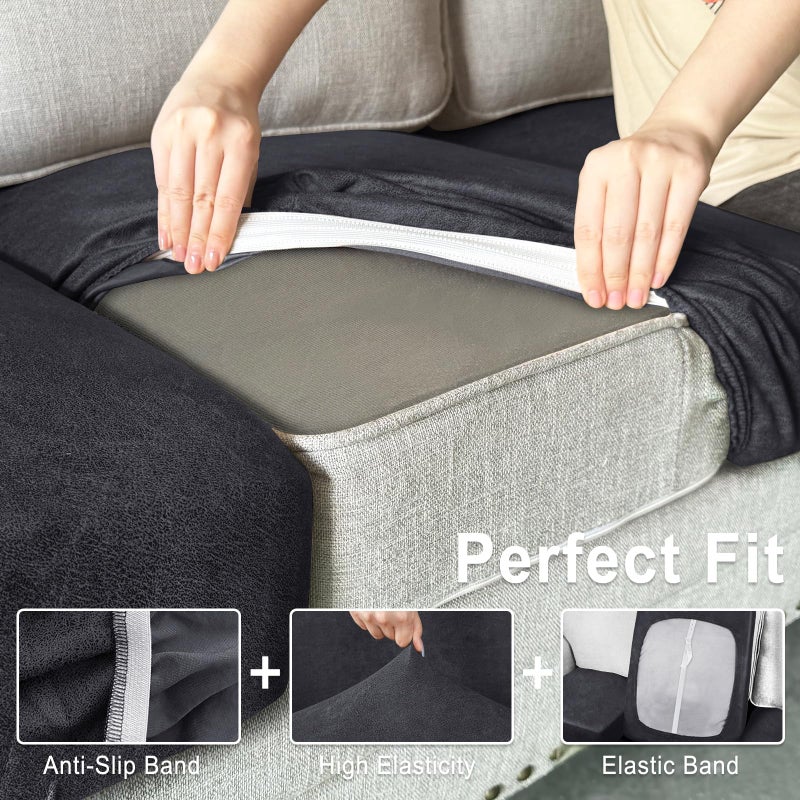 ANARACHON Leather Look Couch Cushion Covers Sofa Seat Slipcovers Sets Couches Furniture Protector for Sectional Armchair Loveseat Pets Kids Stretch Spandex Fabric (3 Cushion Sofa, Dark Grey) - Image 4